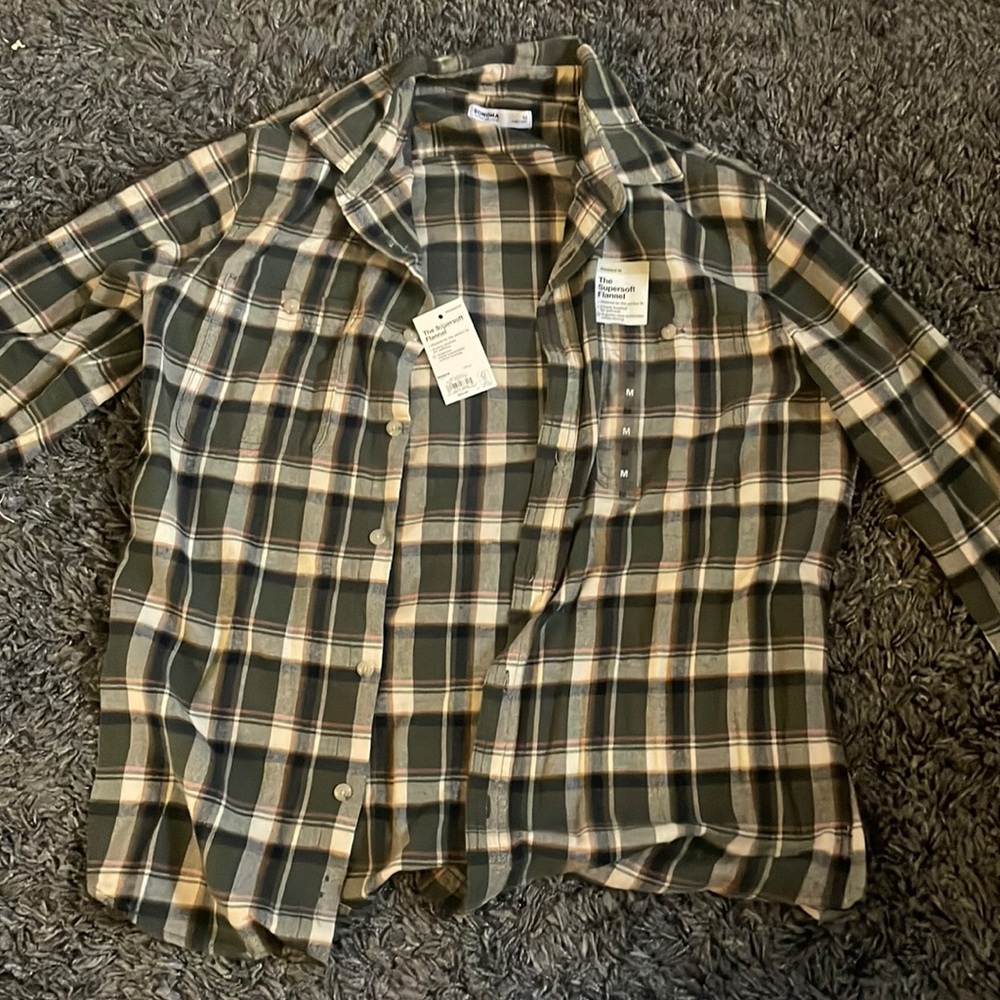 Sonoma Standard Fit Flannel, green & cream w/ accents of light pink & yellow, M